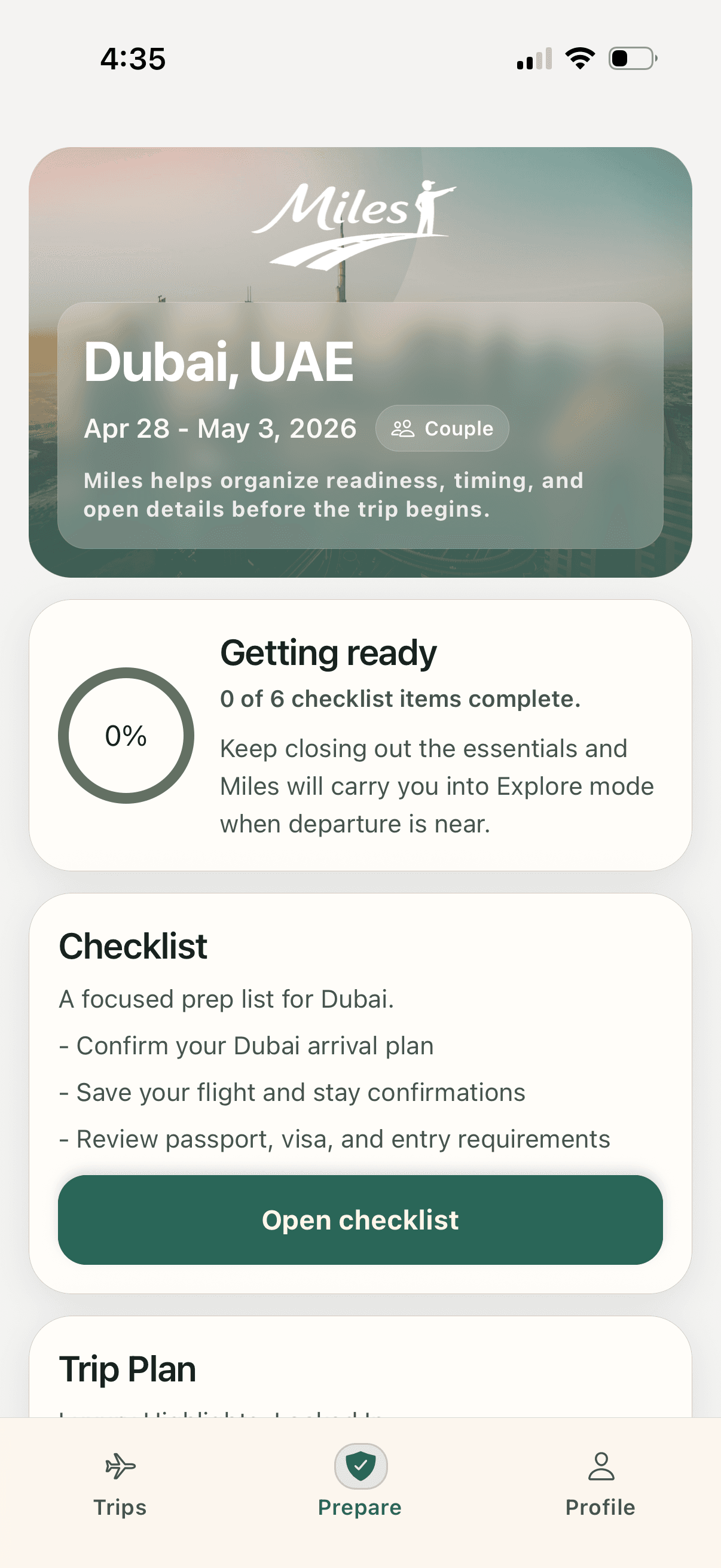 Miles trip checklist