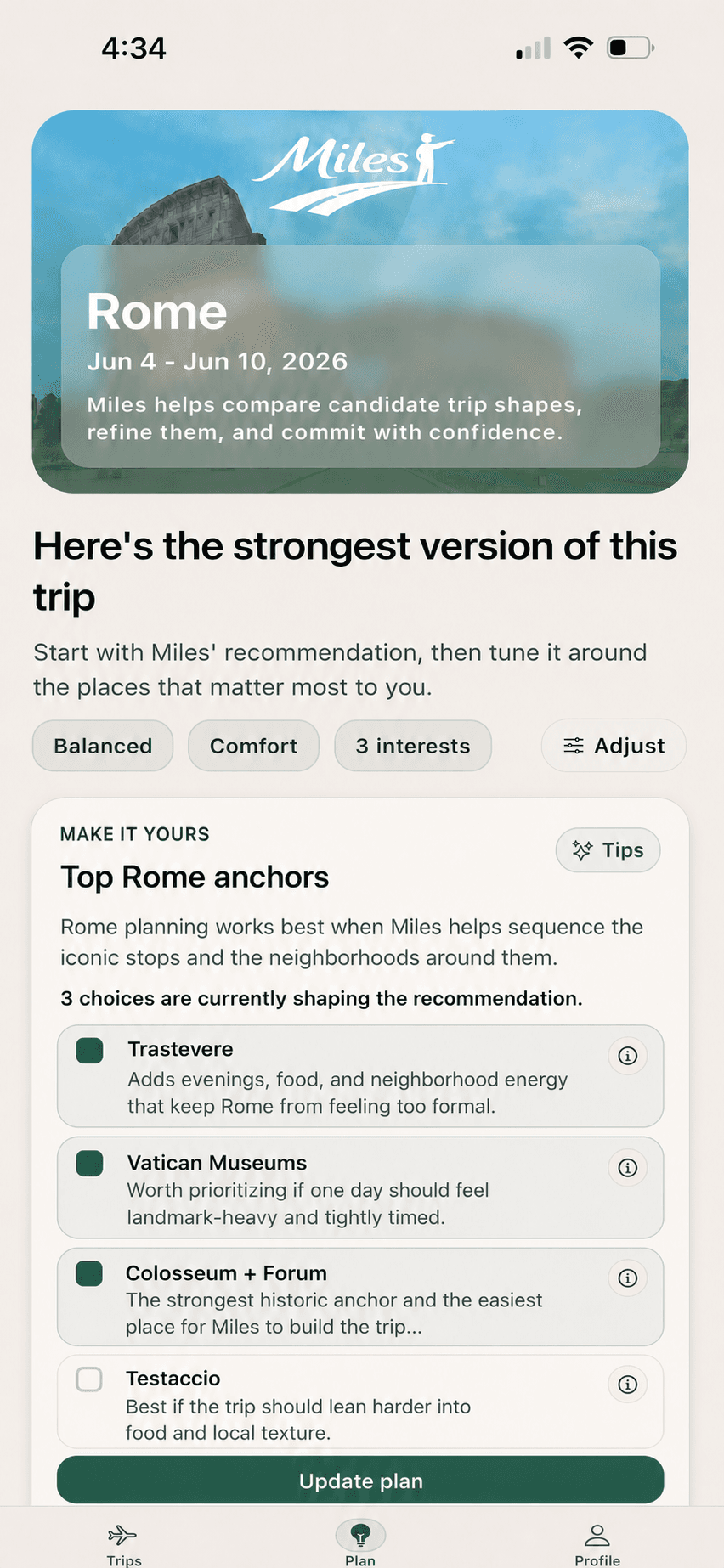 Miles plan preferences with Make it yours and Tips directly below