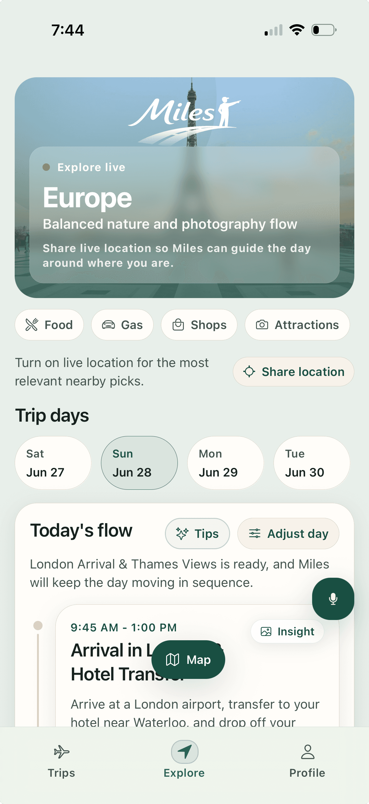 Tips available beside today's travel flow in Miles