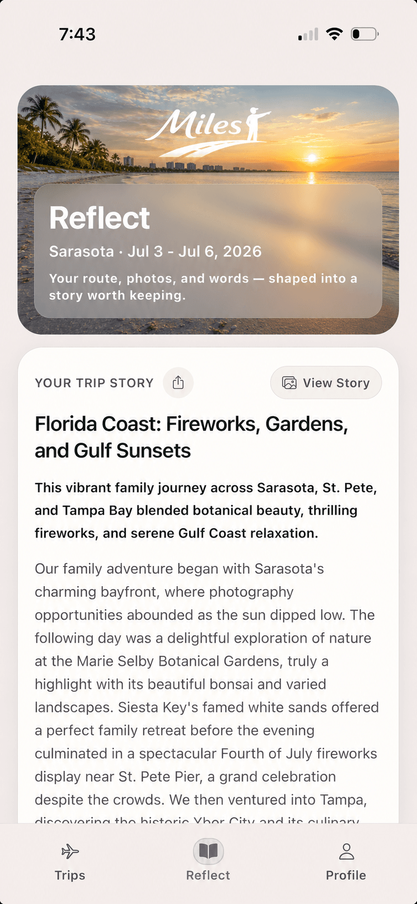A completed Trip Story created by Miles