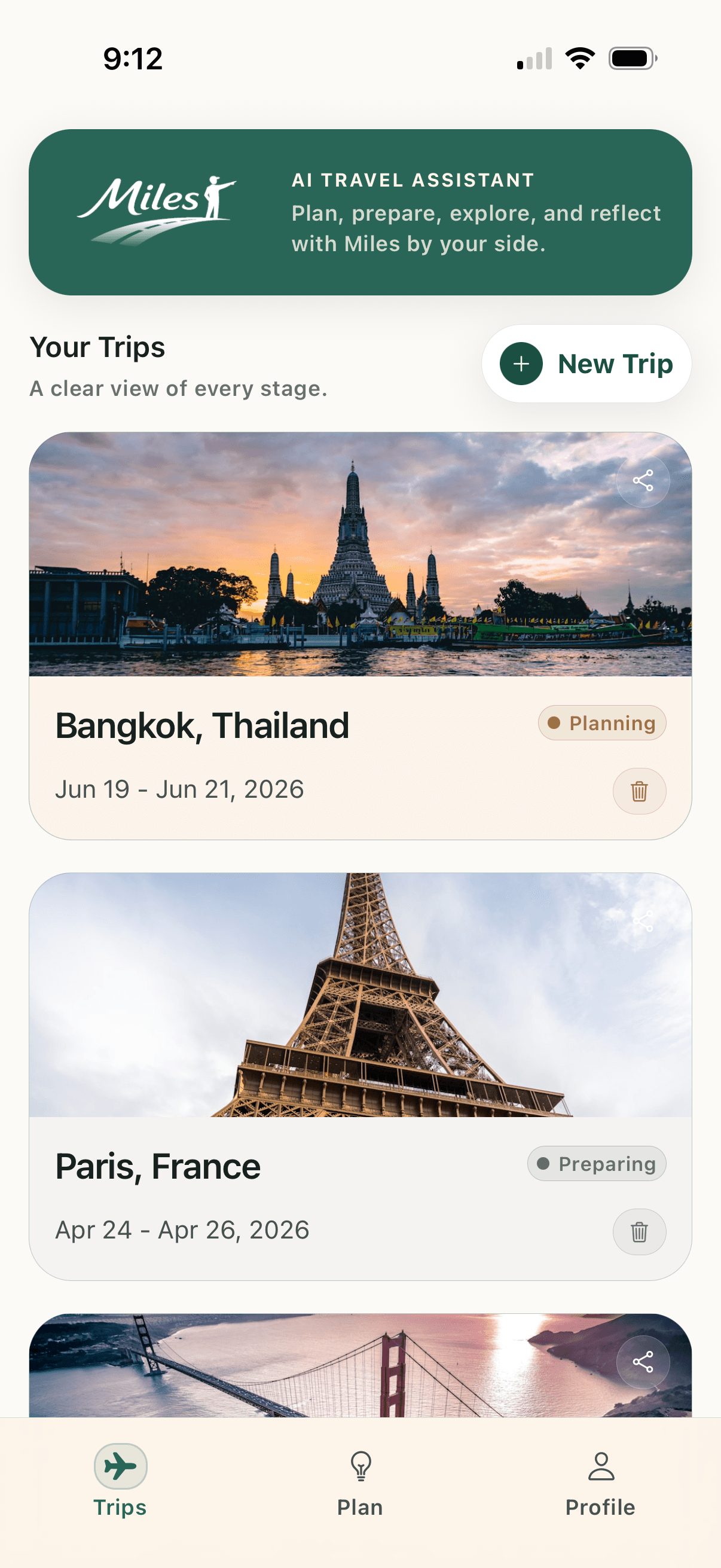 Miles trips list screen